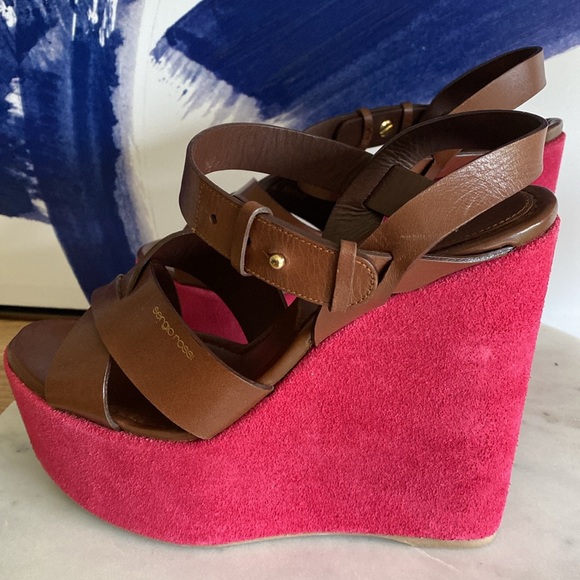 NEW SERGIO ROSSI Brown Leather & Berry Suede Platform Wedge Sandals Size 38 1/2 - Picture 4 of 17